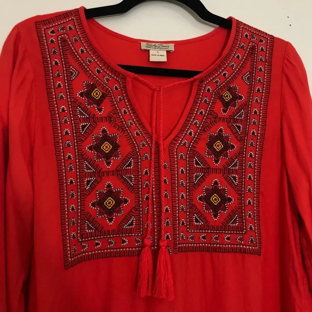 Lucky Brand Embroidered Bib Tunic Boho Small